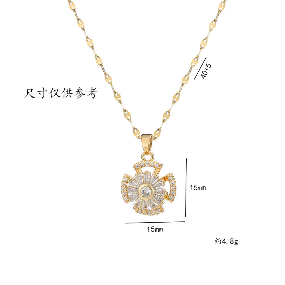 Collares con colgante de flor de circón brillante giratorio para mujer, cadena de acero inoxidable, accesorios diarios para fiesta de lujo, regalos de joyería