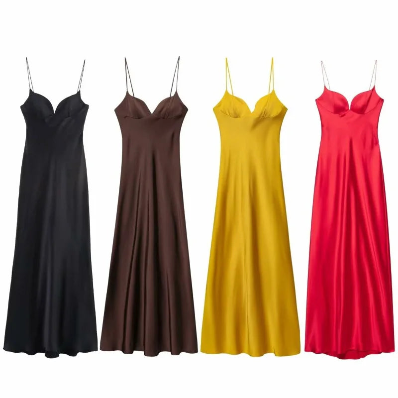 Vestido Rojo Satinado | Cuello en V y Cremallera Trasera | Tropical 2025
