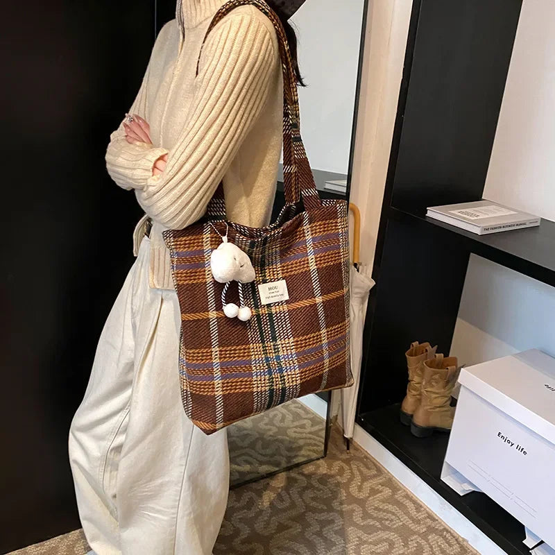 Bolso Hombro Vintage Mujer A Cuadros Gran Capacidad
