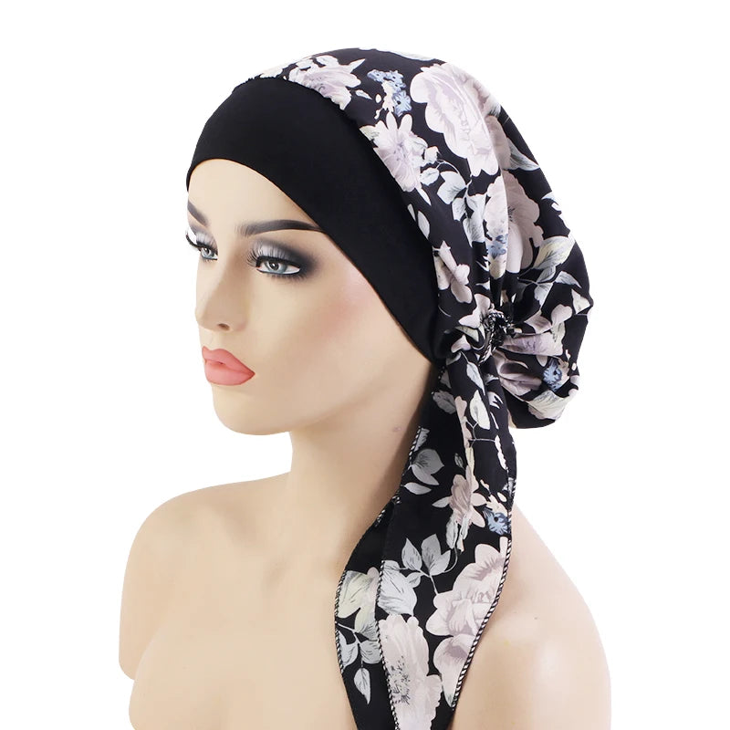Nuevo pañuelo para la cabeza con estampado satinado para mujer, turbante musulmán elástico preatado, gorro para dormir para quimioterapia, cubierta para la pérdida de cabello, pañuelo para la cabeza