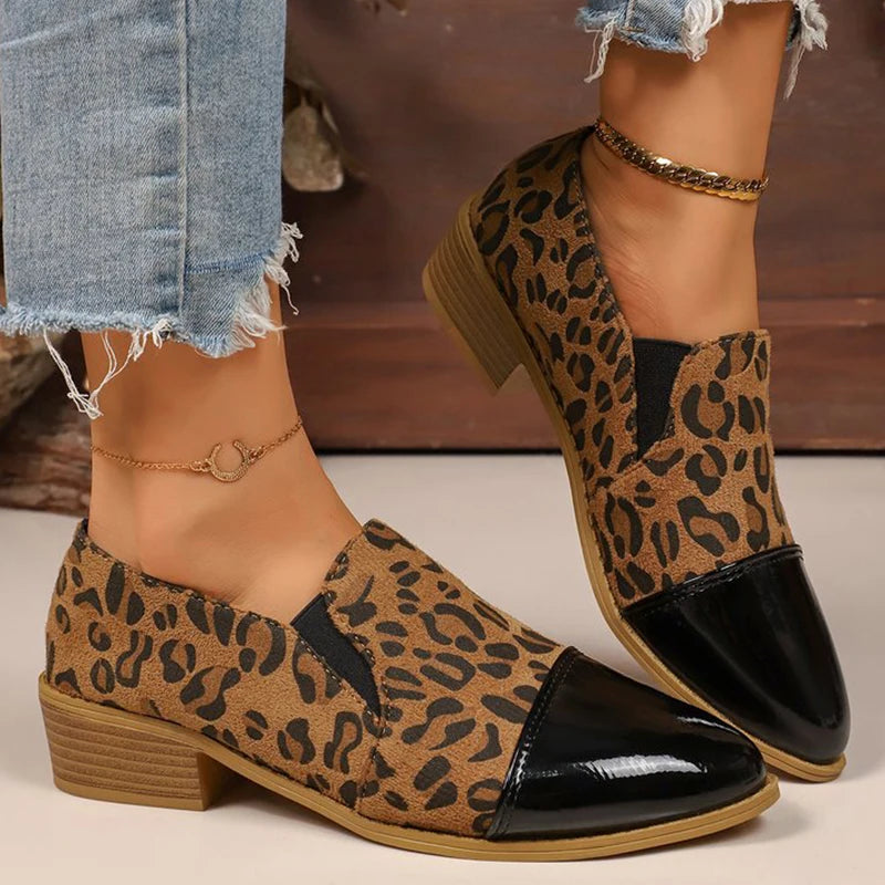 Zapatos de Tacón Bajo Leopardo | Tacón Cuadrado | Punta Estrecha | Talla Grande
