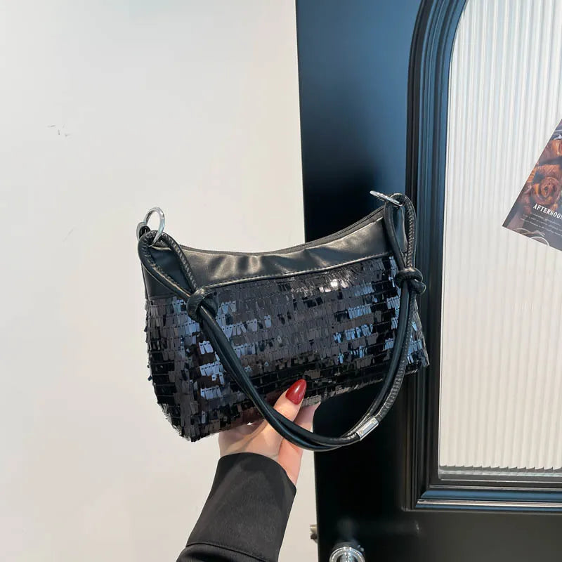 Bolsos de hombro informales con retales de lentejuelas para mujer, bolsos sencillos y versátiles para ir al trabajo, Color sólido, bolso para axila para chica