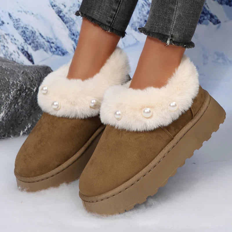 Botas Plataforma Piel Esponjosa Perlas Moda Tica Elegante