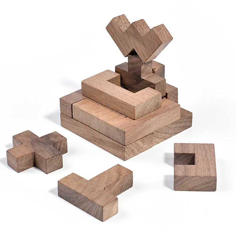 Rompecabezas de bloques rusos de nogal, rompecabezas de madera 3D Tangram IQ, entrenamiento lógico, rompecabezas, juguetes educativos Montessori, juegos de aprendizaje