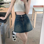 Falda Mini Vaquera Acampanada Cintura Alta | Estilo Coreano Casual Bolsillos