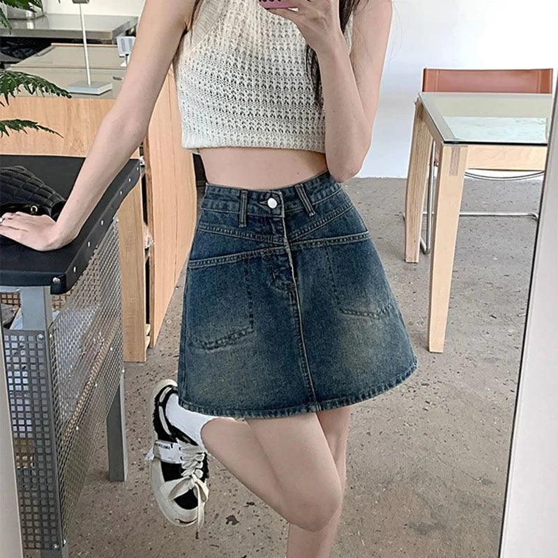 Falda Mini Vaquera Acampanada Cintura Alta | Estilo Coreano Casual Bolsillos