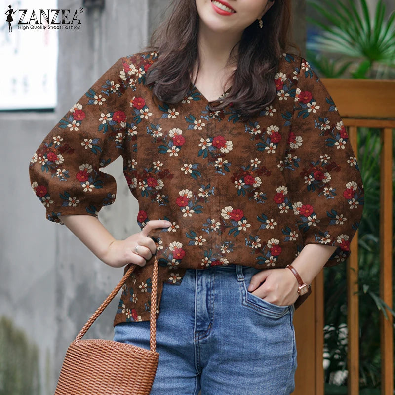 ZANZEA Blusas de algodón con estampado Floral de talla grande para mujer, blusas de manga 3/4 con cuello en V, Top de corte alto-bajo, Blusas informales para primavera y verano, 5XL