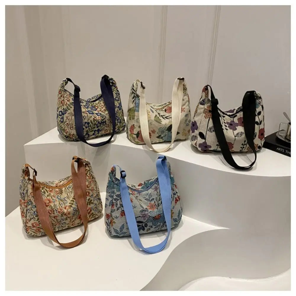 Bolso Bandolera Vintage Media Luna con Estampado Floral y Textura para Mujer