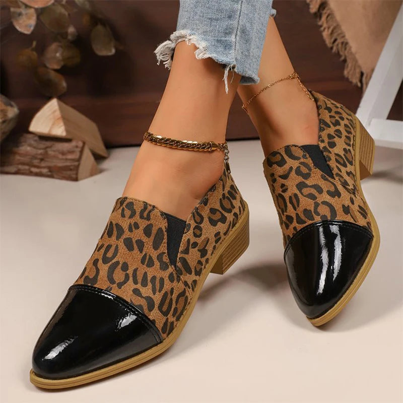 Zapatos de Tacón Bajo Leopardo | Tacón Cuadrado | Punta Estrecha | Talla Grande
