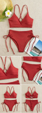 Bikini con Cordones y Cuello en V Profundo - Triangulares