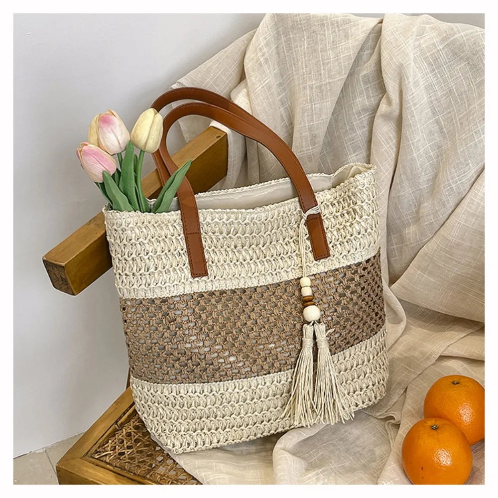 Bolso de Paja Tejida Hecho a Mano con Colgante de Flecos para Mujer