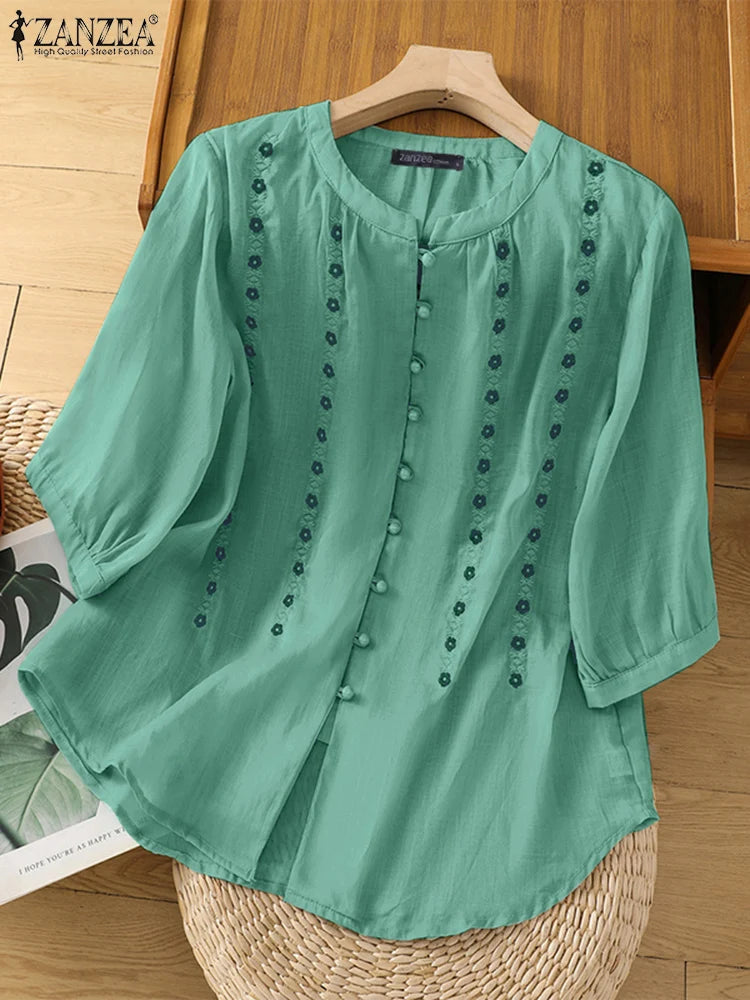 Blusa Vintage 2025 para Mujer | Bordado Floral | Túnica Holgada con Botones | Ticotrendy