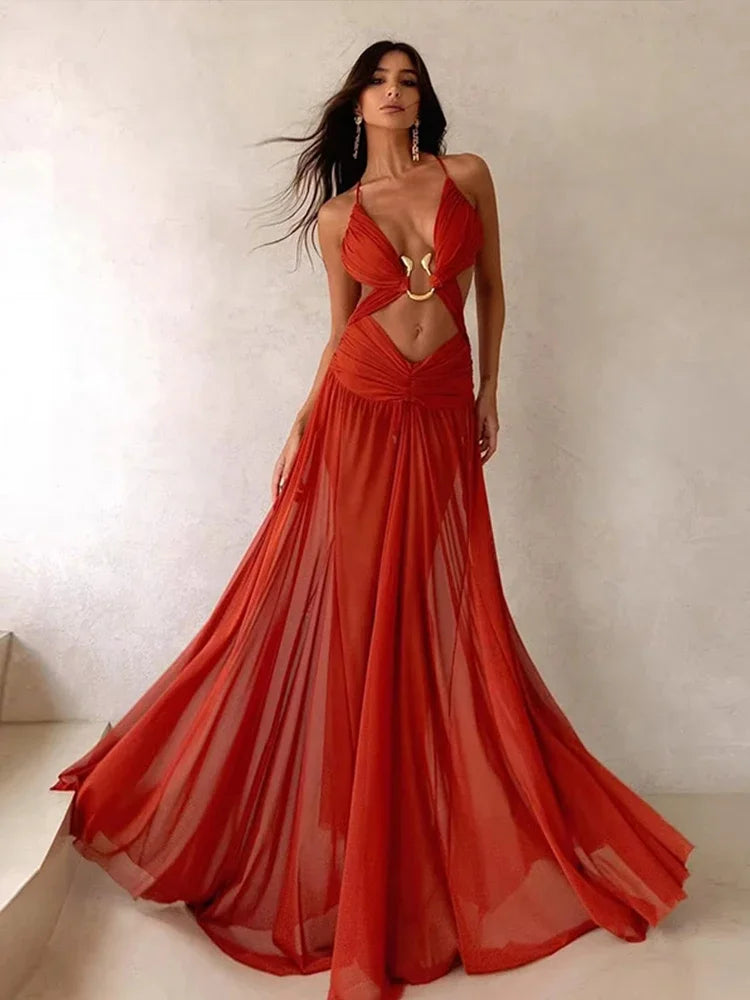 Vestido de Fiesta Largo con Escote V y Espalda Descubierta