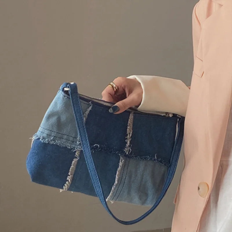 Bolso Hombro Mezclilla Mujer Vintage Grande Color Contraste