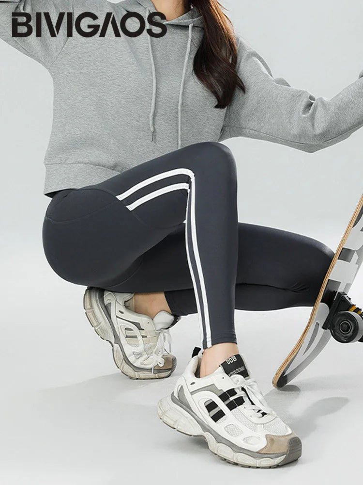 Mallas Piel Tiburón Raya Bolsillo | Cintura Alta Ajustado Fitness | Yoga Ciclismo Correr Otoño | Ticotrendy