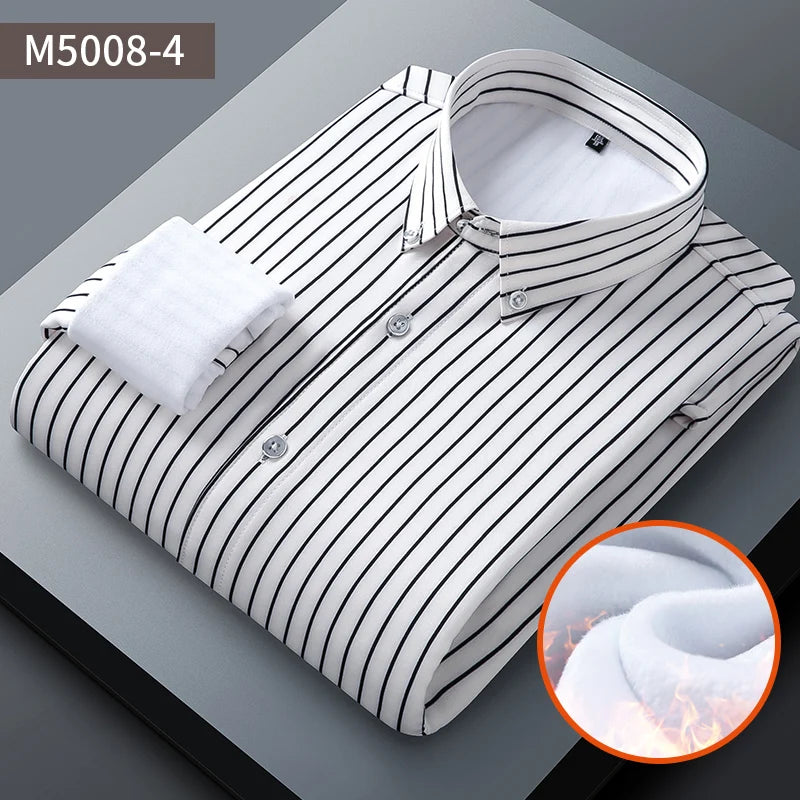 Camisa Rayas Terciopelo Hombre | Engrosada Cálida | Negocios Casual | Invierno S-4XL