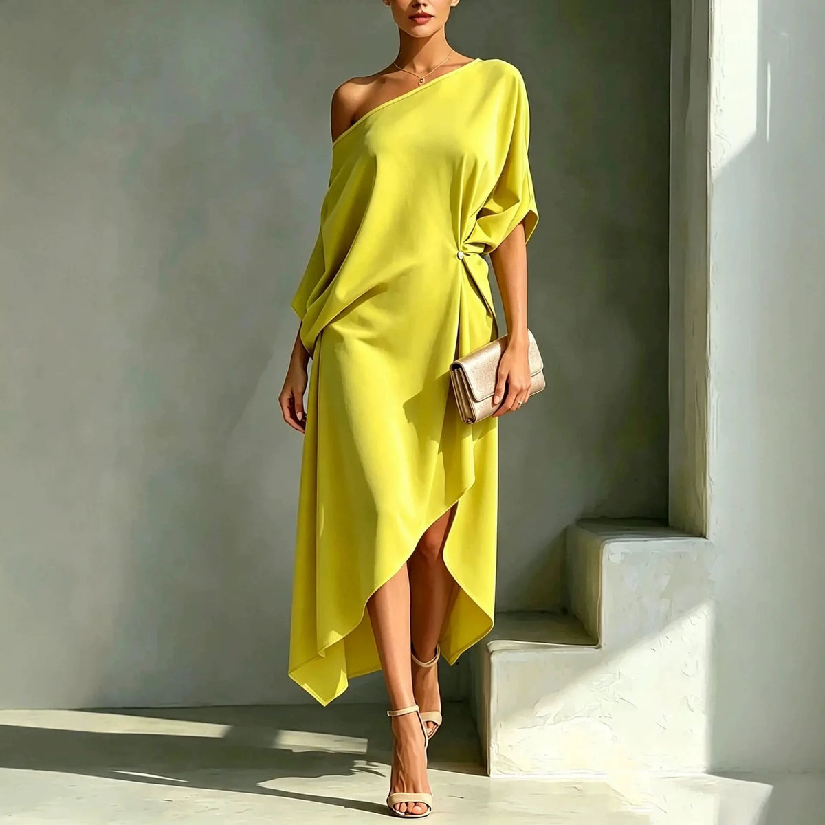 Vestido Maxi Fruncido Asimétrico Hombros Descubiertos