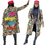 Gabardina de camuflaje para mujer, ropa de talla grande, abrigo con estampado de letras, ropa de calle, Top corto de estilo largo, venta al por mayor, envío directo, 2020