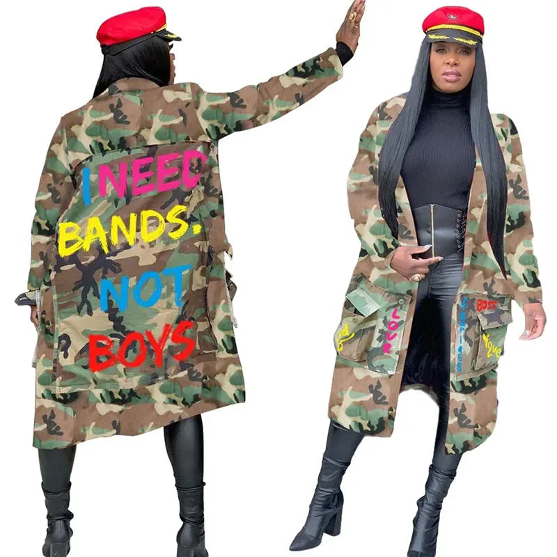 Gabardina de camuflaje para mujer, ropa de talla grande, abrigo con estampado de letras, ropa de calle, Top corto de estilo largo, venta al por mayor, envío directo, 2020