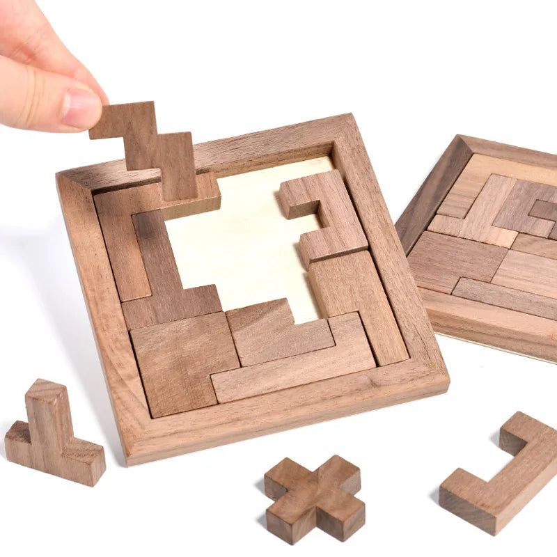 Rompecabezas de bloques rusos de nogal, rompecabezas de madera 3D Tangram IQ, entrenamiento lógico, rompecabezas, juguetes educativos Montessori, juegos de aprendizaje
