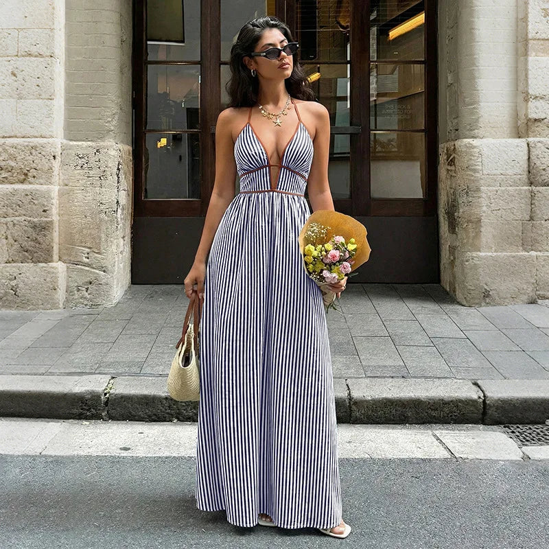 Vestido Halter Rayado Espalda Descubierta