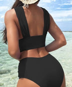 Bikini de Cintura Alta con Pliegues Cruzados - Traje de Dos Piezas