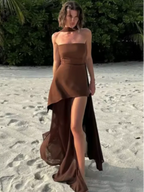 Vestido envuelto en el pecho liso con tirantes para mujer, vestido con bufanda y espalda descubierta de malla transparente con contraste, ropa de fiesta en la playa para verano 2025