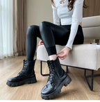 Leggings Cuero PU Polar Otoño Invierno | Empalmado Ajustado Sexy Rojo | Alta Elasticidad Cálida | Ticotrendy