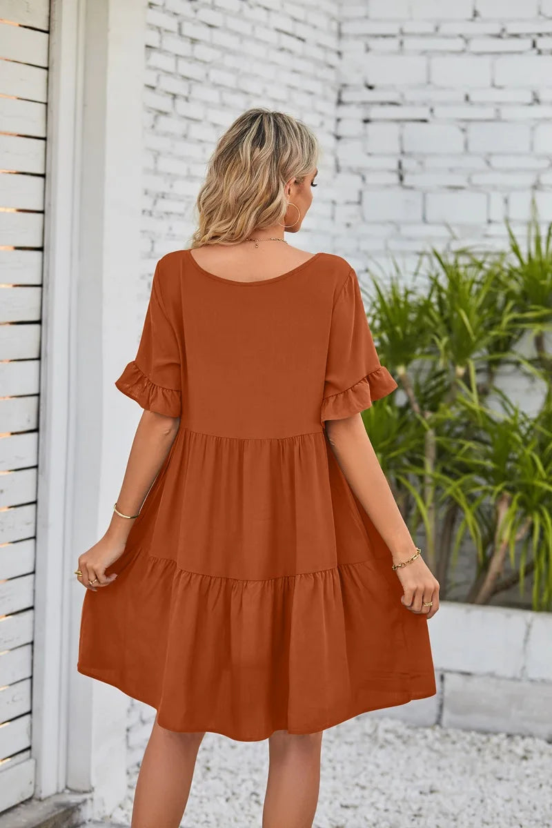 Vestido Midi de Playa | Algodón Liso Cuello V | Mangas Cortas con Volantes | Tico Trendy