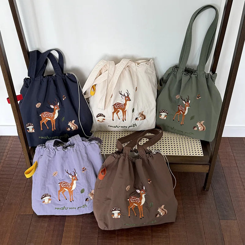 Bolsos de hombro de nailon con bordado de dibujos animados para mujer, bolso informal de gran capacidad para estudiantes, bolsos sencillos con cordón para mujer