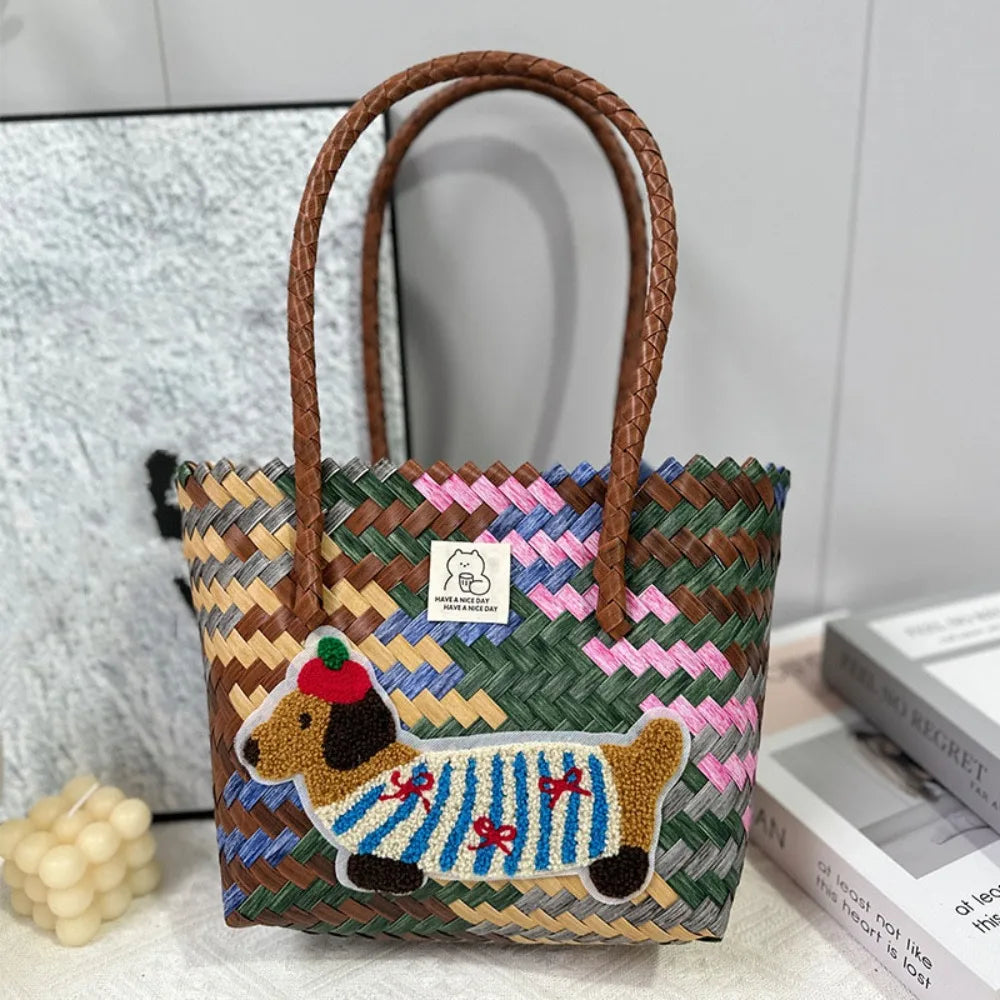 Bolso Tejido de Gran Capacidad con Diseño de Perro Salchicha y Asa de Bambú