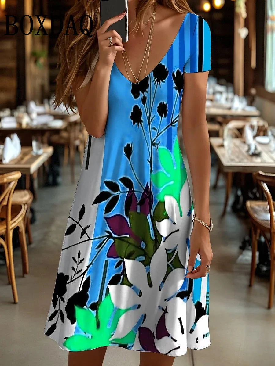 Vestido Midi Retro con Estampado 3D Flores | Manga Corta y Cuello V | Holgado Talla Grande | Tico Trendy