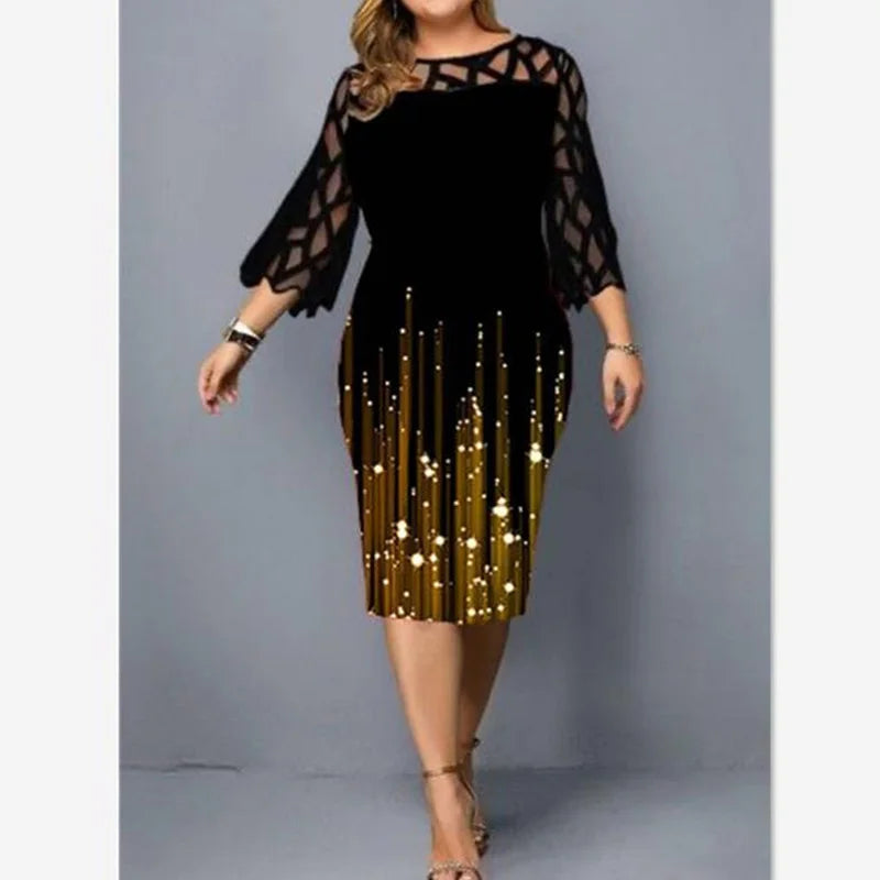 "Vestido Midi con estampado de retazos de encaje de talla grande, manga de tres cuartos, paquete de cadera, vestido de fiesta de gran tamaño