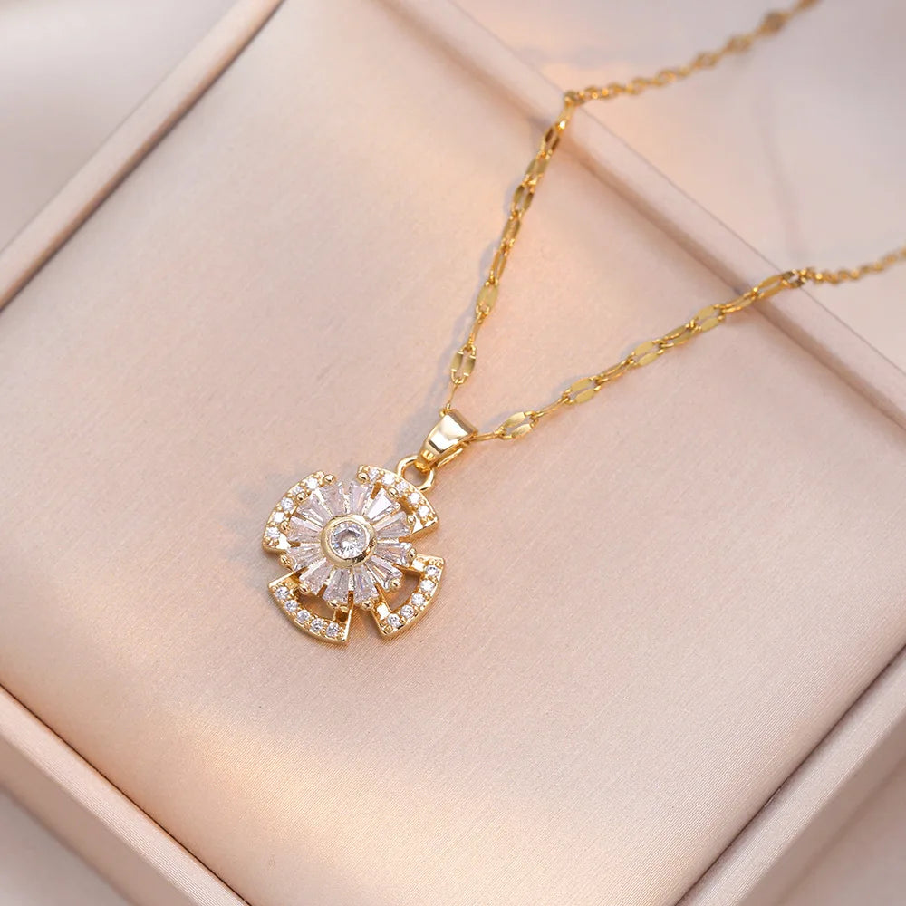 Collares con colgante de flor de circón brillante giratorio para mujer, cadena de acero inoxidable, accesorios diarios para fiesta de lujo, regalos de joyería