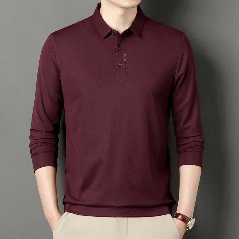 Polo con solapa para hombre, camiseta elástica de alta calidad, Top informal de negocios, camisetas clásicas de manga larga, cómodas y ajustadas, otoño