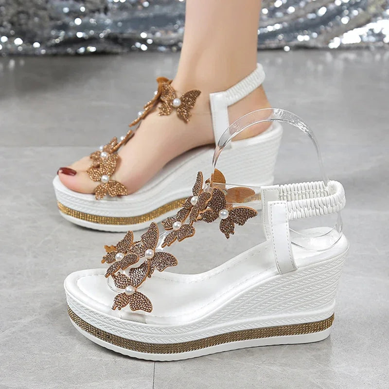 Sandalias de cuña de mariposa con cristales a la moda, Sandalias de verano con plataforma gruesa y banda elástica para mujer, Sandalias de tacón alto con perlas 43