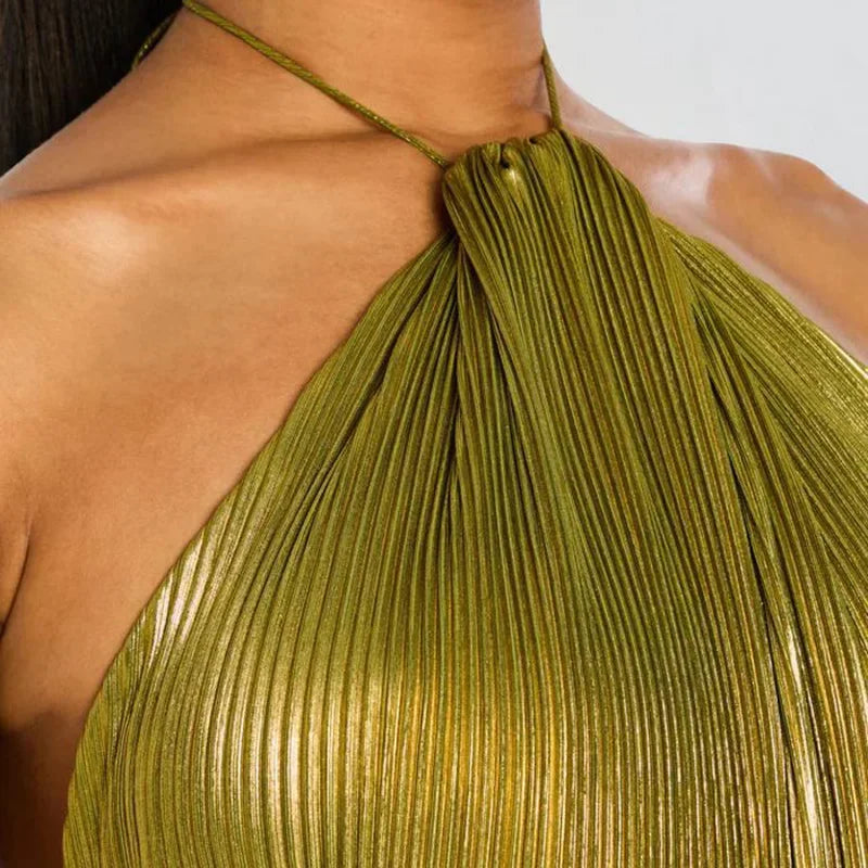 Vestido Largo Dorado Sexy Con Cuello Halter Abertura Alta Plisado