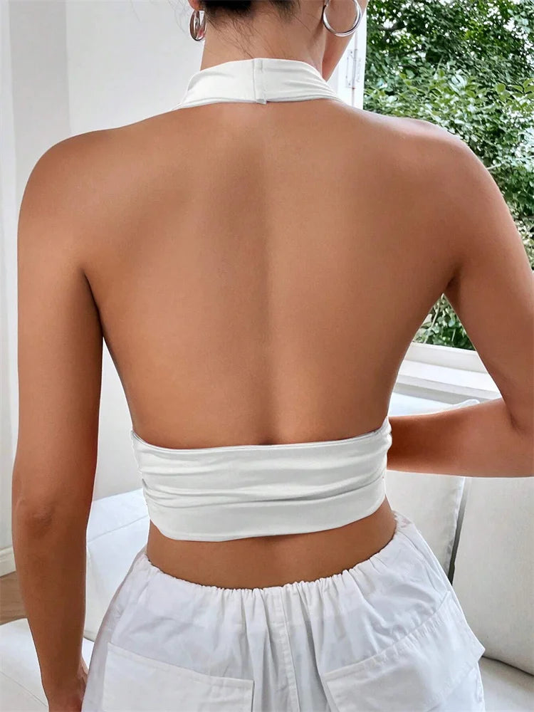 Top sin mangas con espalda descubierta y escote en V profundo para mujer, Top corto Sexy de Color liso para fiesta y Club, ropa de calle Y2K 2024