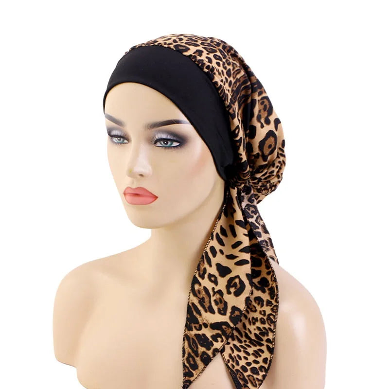Nuevo pañuelo para la cabeza con estampado satinado para mujer, turbante musulmán elástico preatado, gorro para dormir para quimioterapia, cubierta para la pérdida de cabello, pañuelo para la cabeza