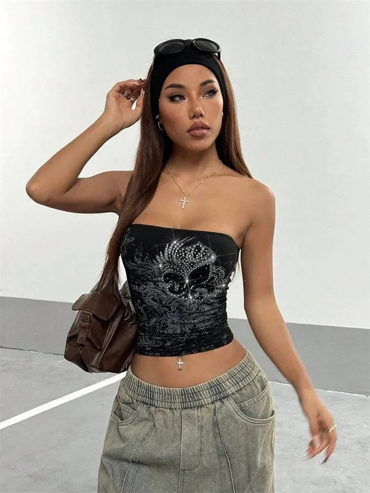 Top corto con diamantes de imitación para mujer, Top gótico Sexy con hombros descubiertos, Top de tubo estampado, ropa de calle Y2K