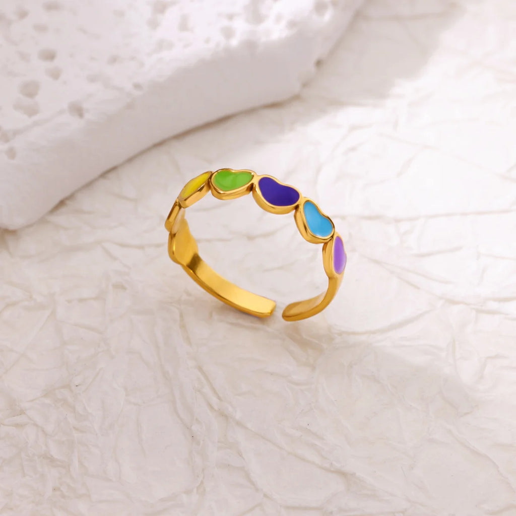 Anillo  Corazón Punk | Arcoíris Goteo Aceite | Abierto Acero Oro | Ticotrendy