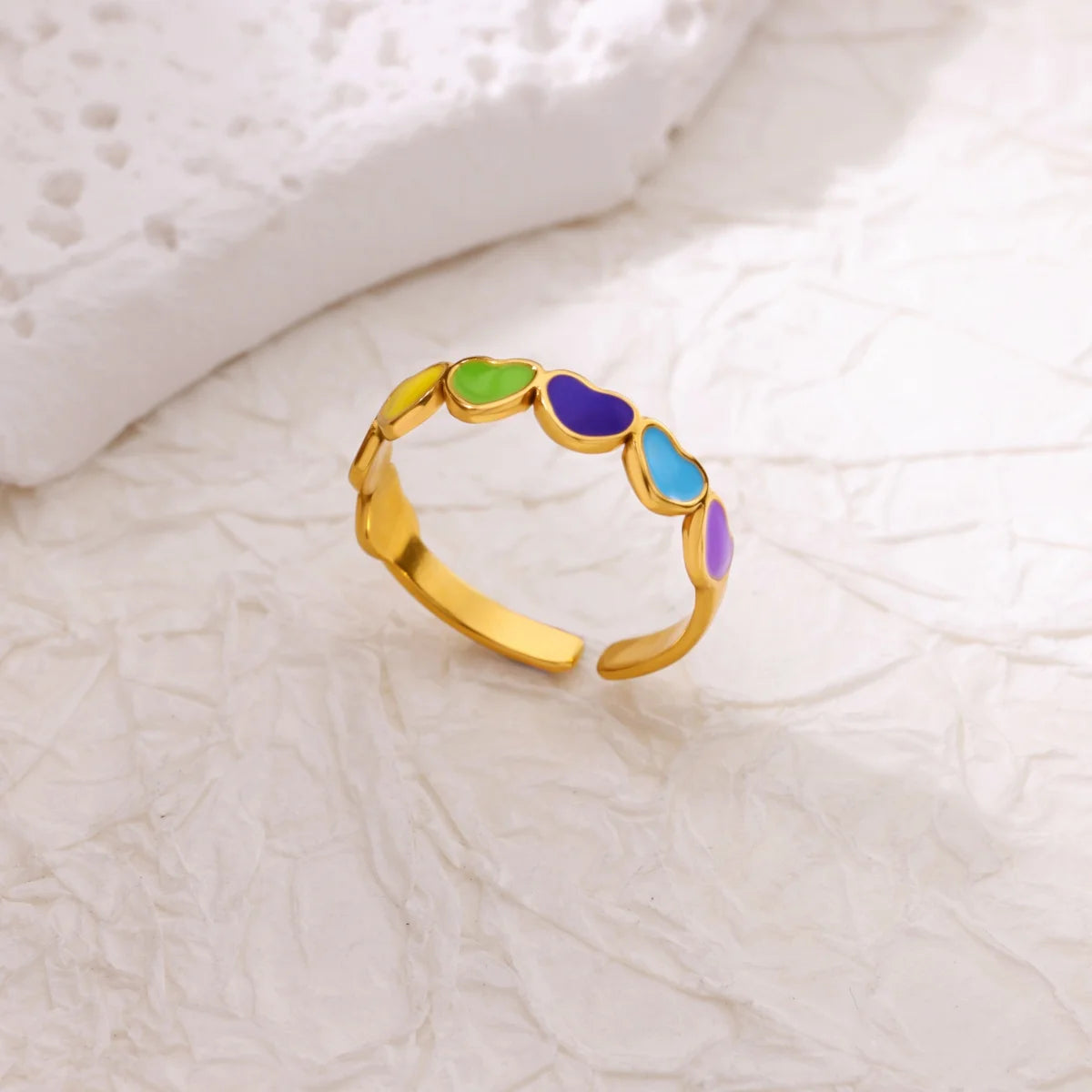 Anillo  Corazón Punk | Arcoíris Goteo Aceite | Abierto Acero Oro | Ticotrendy