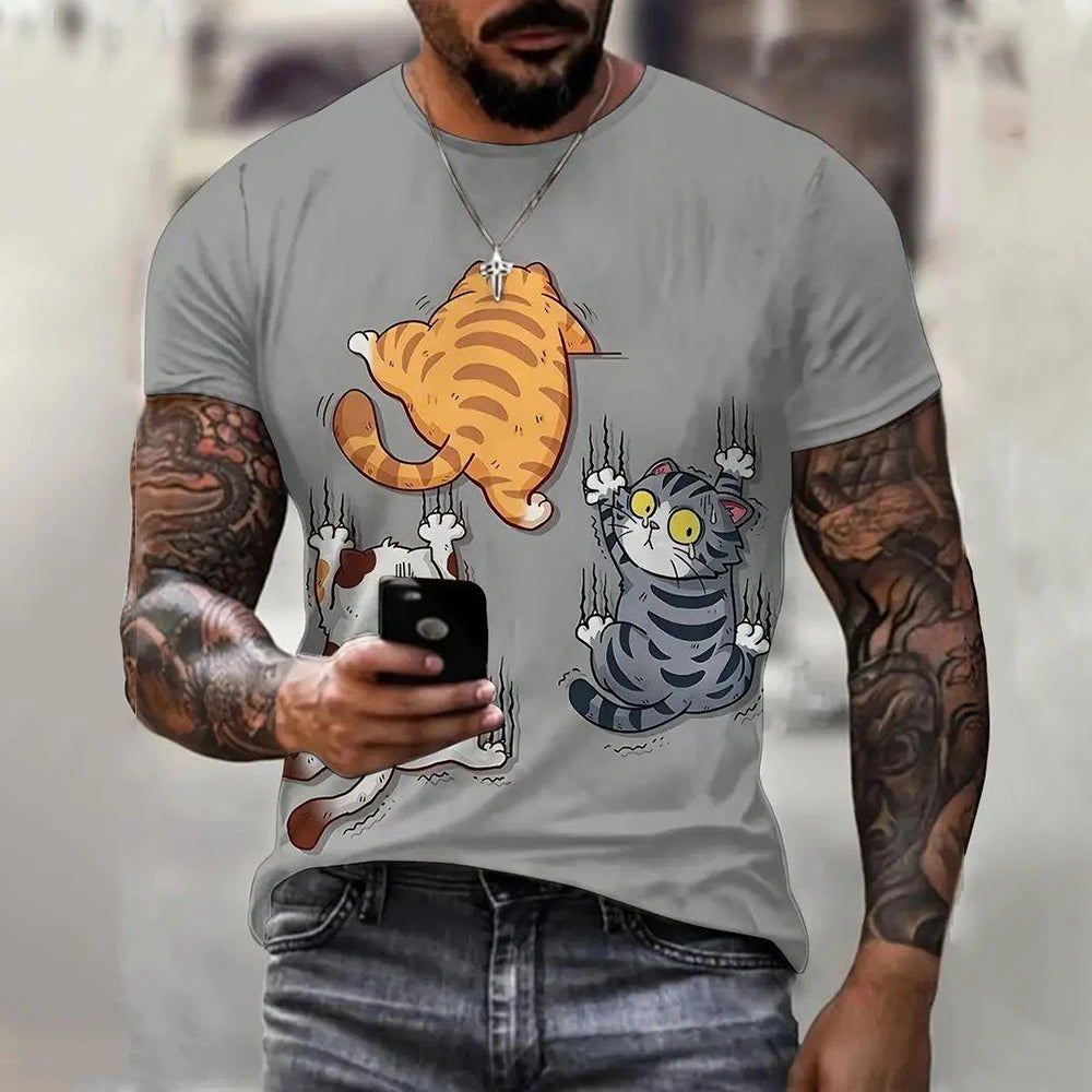 Camiseta Hombre 3D ∣ Estampado Gato ∣ Moda Oversize ∣ Cuello Redondo