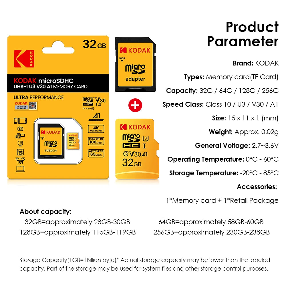Tarjeta Micro SD Kodak Original | Clase 10 U3 V30 | Alta Velocidad 4K | Ticotrendy