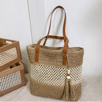 Bolso de Paja Tejida Hecho a Mano con Colgante de Flecos para Mujer