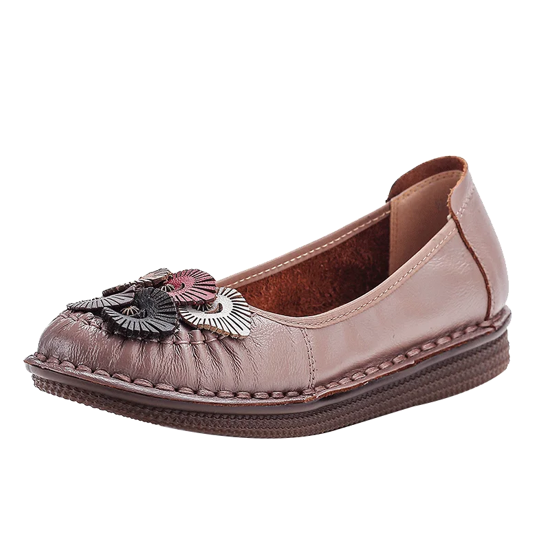 Mocasines Étnicos de Cuero Genuino para Mamá | Punta Redonda | Antideslizantes | Verano 2025