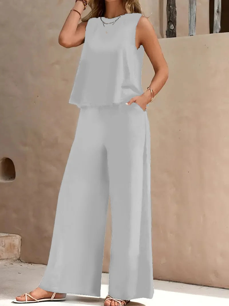 Ticotrendy: Conjunto Elegante de Pantalón y Top Sin Mangas | Color Sólido Verano 2025