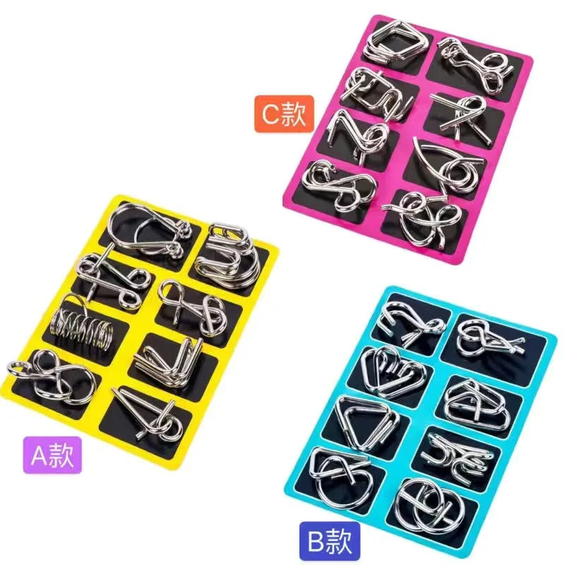 Rompecabezas Montessori de Metal para niños y adultos, juego interactivo de alambre, IQ, Mente, Cerebro, juguetes educativos, 8 piezas por juego