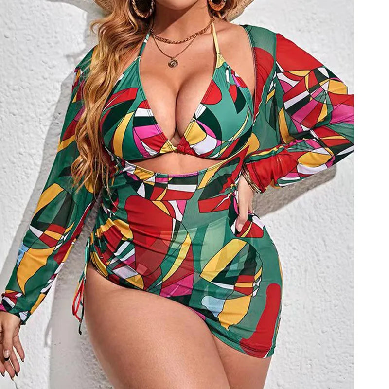 Conjunto de Bikinis de Malla Estampados de Tres Piezas | Traje de Baño de Talla Grande para Playa
