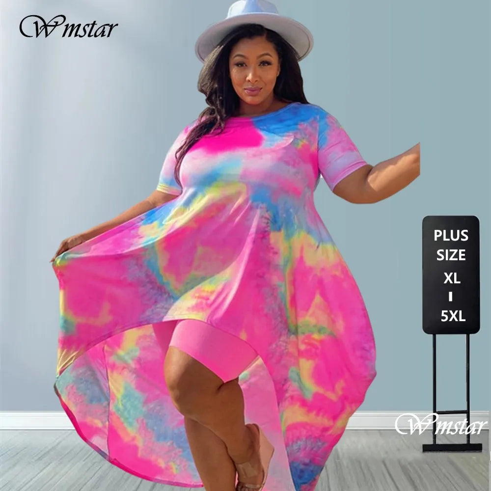 Conjuntos de pantalones cortos de talla grande para mujer, trajes de dos piezas de estilo Tie Dye, Top largo, Leggings cortos, trajes al por mayor, envío directo